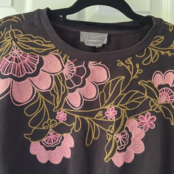 Anthropologie Floral Embroidered Sweatshirt Top Black Pink Flowers XS - Picture 6 of 12